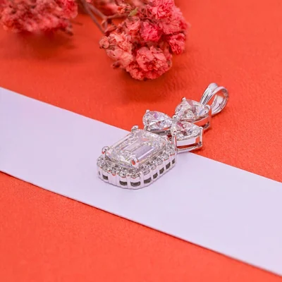 Emerald Cut Halo Lab Grown Diamond Pendant with Heart & Round Accents