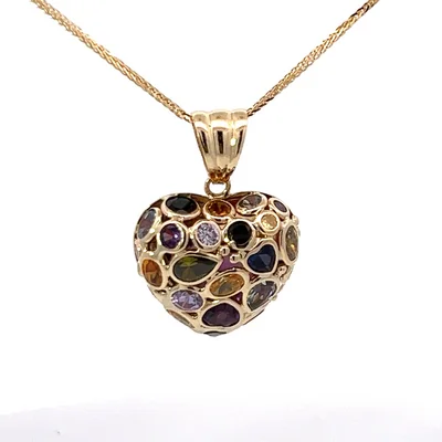 14K yellow gold, multi-color heart shaped pendant