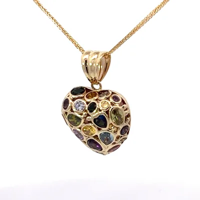 14K yellow gold, multi-color heart shaped pendant