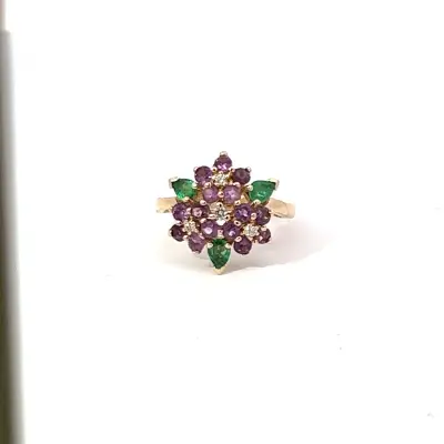 14K yellow gold, Diamond, Emerald, and Amethyst ring