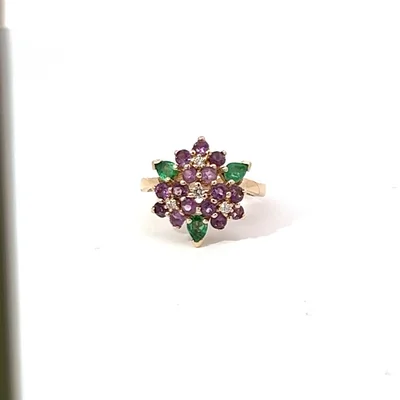 14K yellow gold, Diamond, Emerald, and Amethyst ring