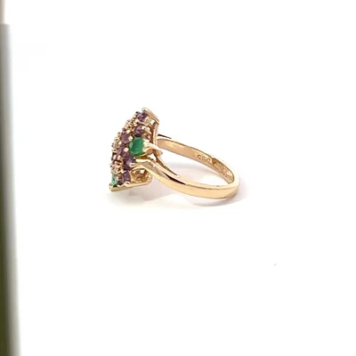 14K yellow gold, Diamond, Emerald, and Amethyst ring