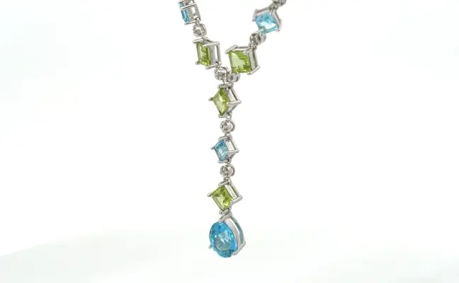 14K white gold, Diamond, Peridot, and Blue Topaz necklace