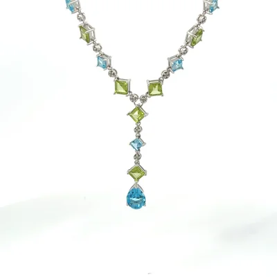 14K white gold, Diamond, Peridot, and Blue Topaz necklace