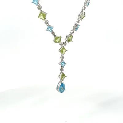 14K white gold, Diamond, Peridot, and Blue Topaz necklace